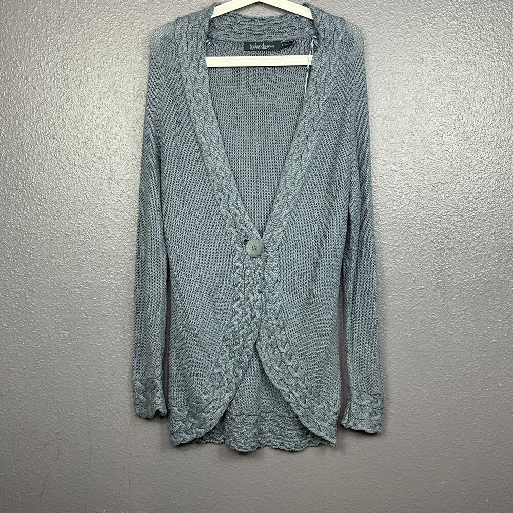 Irealandeye Women's Small Button Front Open Knit Cardigan Linen Blue Cable Knit